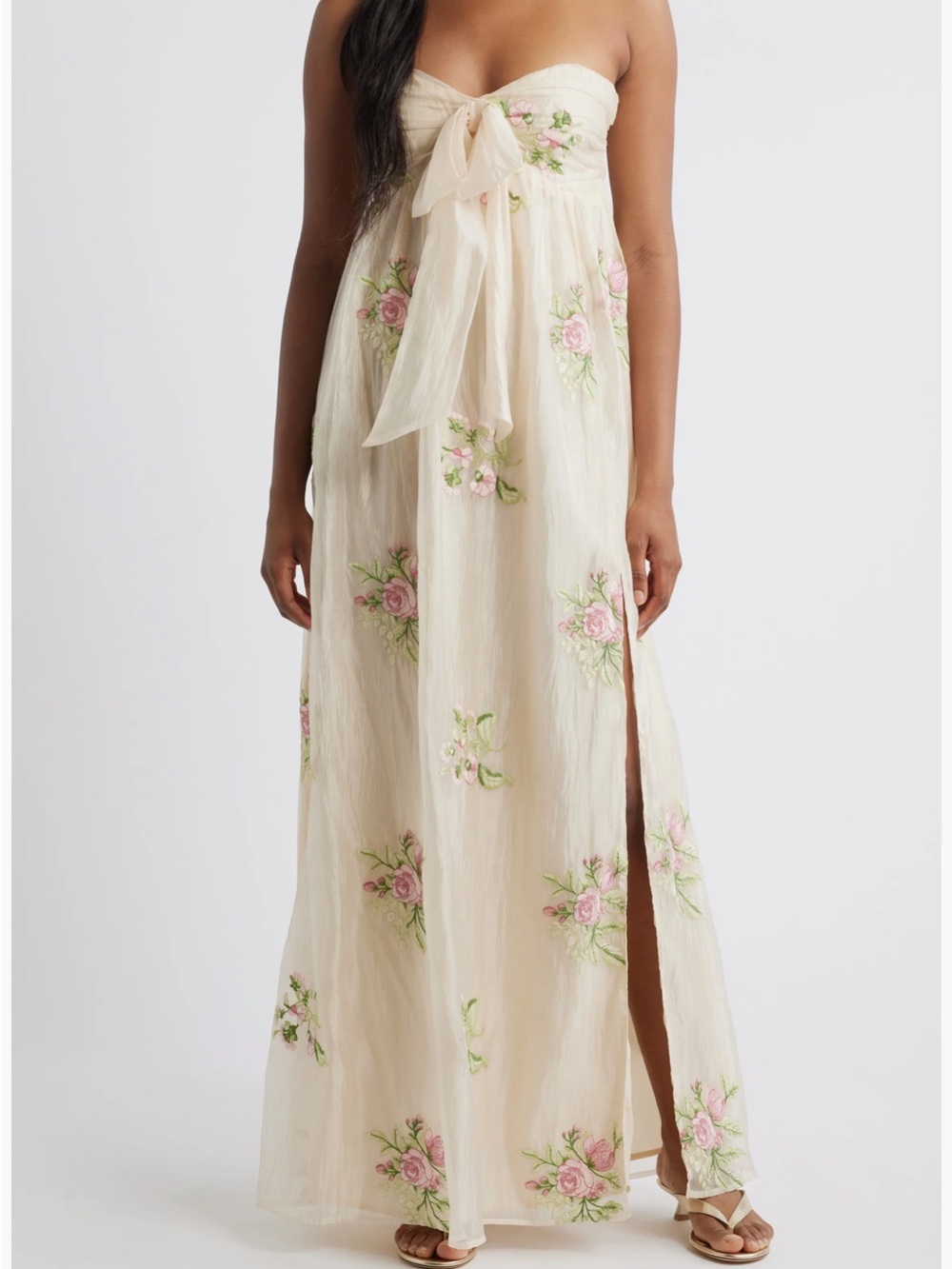 Lulu's Cream Strapless Maxi Dress with Pink Floral Embroidery